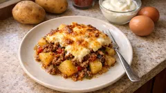 Yoğurtlu sosuyla Bulgar musakkası: patatesli kıymalı fırın yemeği