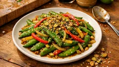 Soya sosu ve fıstık ezmesiyle sultani bezelye sote: tek tavada kıtır ve aromatik