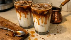 Evde Iced Caramel Macchiato: kat kat görünüm, kafe tadı