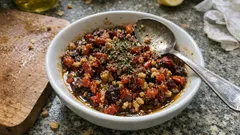 Antakya usulü Bezirgani: kuru biber, domates ve nar ekşisiyle ekmek banmalık meze