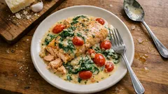 Tek tavada Toskana usulü kremalı somon: ıspanaklı, domatesli sosla