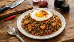 Dinlendirilmiş pilavla tane tane Nasi Goreng: tavuklu, yumurtalı pratik Endonezya usulü