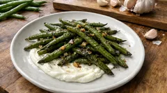 Fırında taze fasulye kızartması: zeytinyağı ve sarımsakla, üstüne yoğurtla