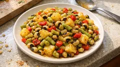 Tek tepside fırında taze börülce: patates ve kapya biberle hafif akşam yemeği