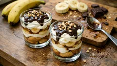 Pişirmeden hazırlanan Vogue tatlısı: muzlu, bisküvili kuplar ve çikolata sosu