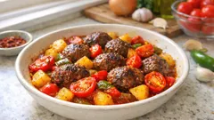 Tek tepside fırında köfteli patates: salçalı sosuyla tam kıvamında