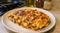 Tek tavada soğanlı patatesli omlet: dışı hafif kızarmış, içi sulu