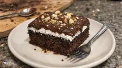 Kakaolu sütle ıslatılan tepsi pastası: krem şantili, fındıklı çikolata soslu