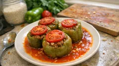 Tencerede salçalı biber dolması: pirinci tane tane, biberi çatlamadan pişer