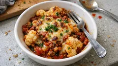 Fırında karnabahar musakka: kıymalı domates sosuyla kokusuz, tam kıvamında