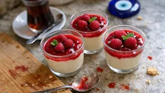 Frambuazlı muhallebi tarifi: pürüzsüz kıvam, canlı frambuaz sosuyla kupta servis