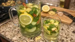 Yeşil çaylı aromalı detoks suyu: salatalık, limon, elma ve tarçınla 1 gecede hazır