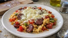 Tek tavada biberli sucuklu yumurta: domatesli, kaşarlı kahvaltı lezzeti
