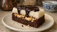 Pasta gibi dilimlenen iki renkli irmik tatlısı: muzlu fındıklı, çikolata soslu