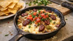 Sucuklu Queso Fundido tarifi: fırında uzayan peynir, soğan-biber ve nachosla